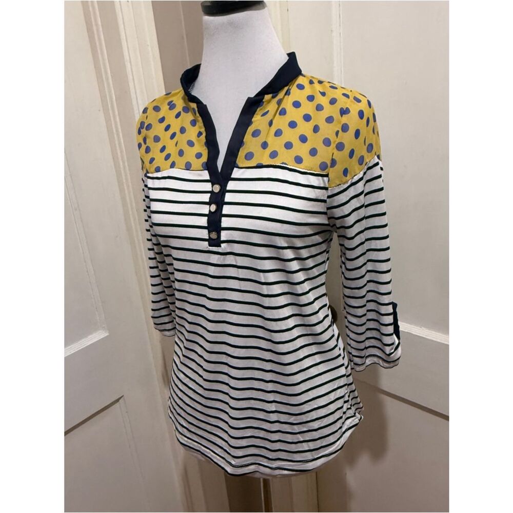 LA Girl Navy & White Striped Tunic with Yellow Polka-Dot Yoke